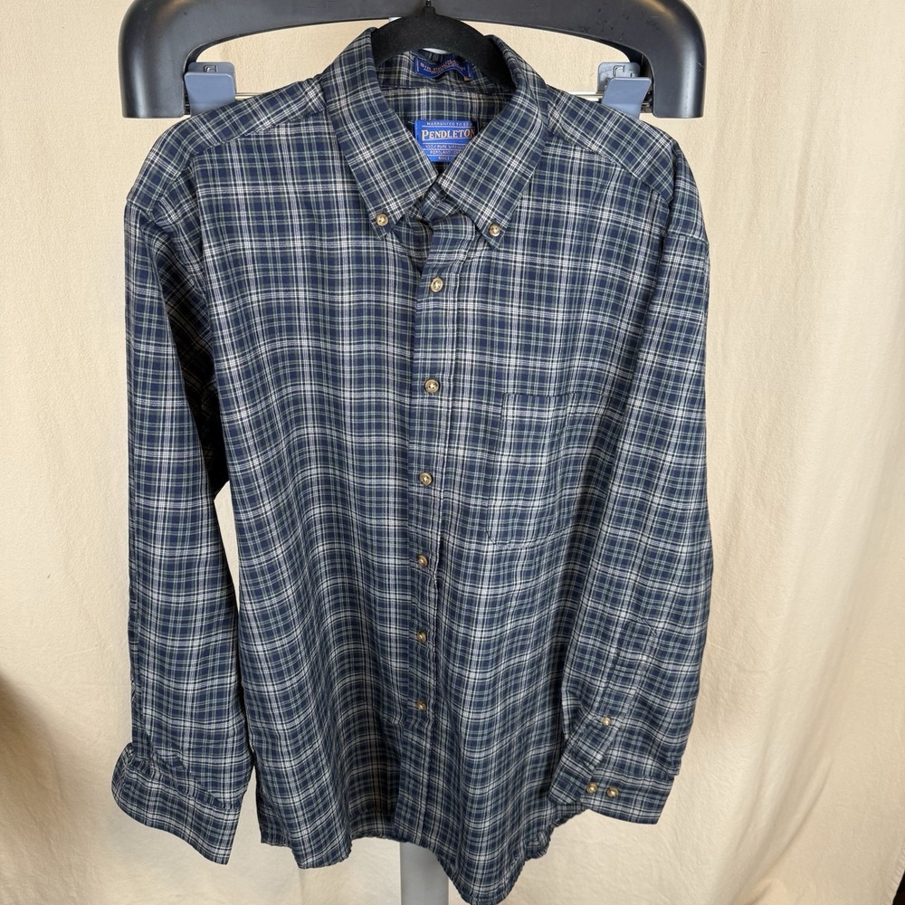 Pendleton Wool Men's Large Button Up Shirt Navy Green Tan